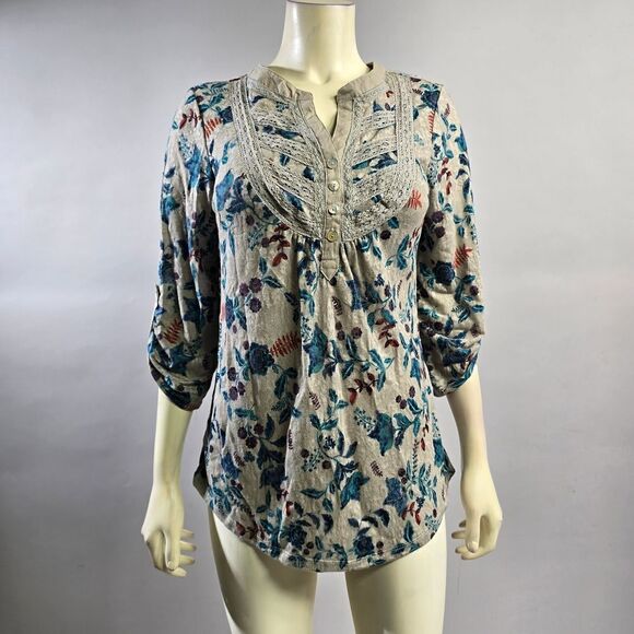 Vintage America Small Floral Print Women's Top - Blue and Beige R15 - Picture 1 of 4